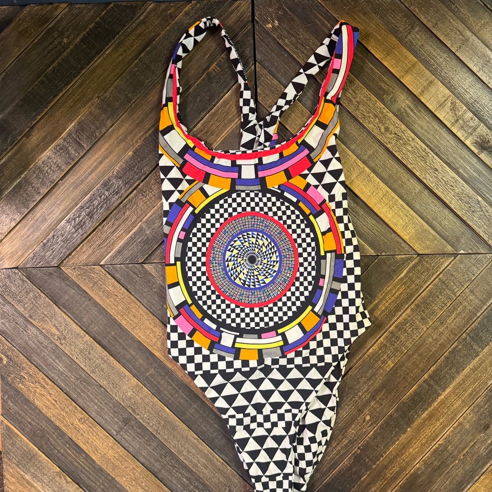 Red Carter One Piece with Colorful Geometric Design. Size Small. NWT